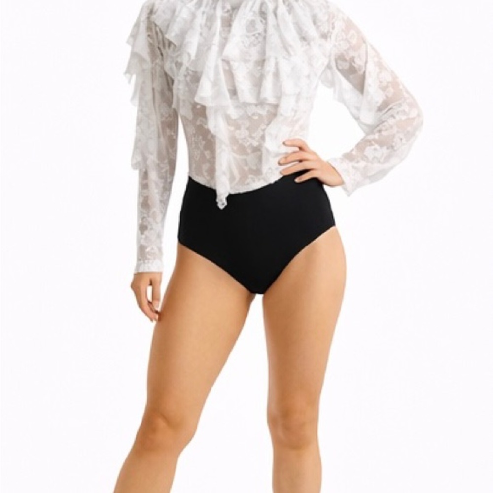 Weissman White Lace Ruffle Dance Top with Black Bodysuit